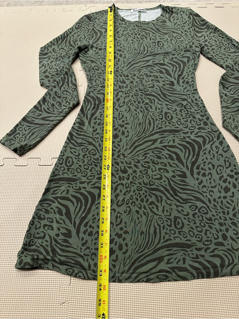 Reformation Kenmare Olive Green Animal-Print Long Sleeve Mini Dress - Picture 6 of 9